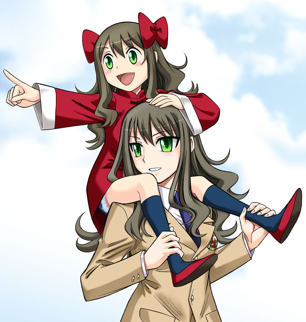 00s, 2girls, aged_up, arima_miyako, black_hair, blush_stickers, bow, carrying