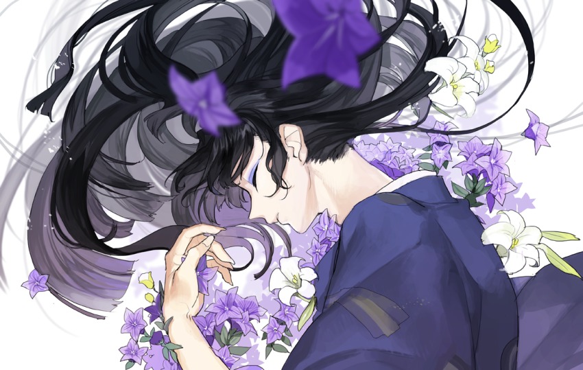 1boy, androgynous, bellflower, black_hair, blurry, depth_of_field, easter_lily, eyeshadow
