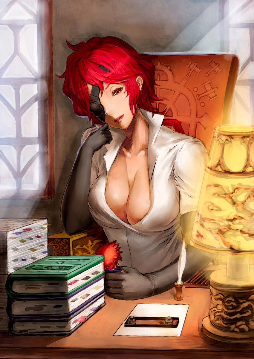 10s, 1girl, absurdres, book_stack, breasts, cleavage, desk, dungeon_ni_deai_wo_motomeru_no_wa_machigatteiru_darou_ka, female_focus, head_on_hand, hephaistos_(danmachi), highres, lamp, large_breasts, looking_at_viewer, no_bra, one_eye_covered, red_eyes, red_hair, shimashima_(pixiv3696209), shimashima_(simasima_23), sitting, smile, solo