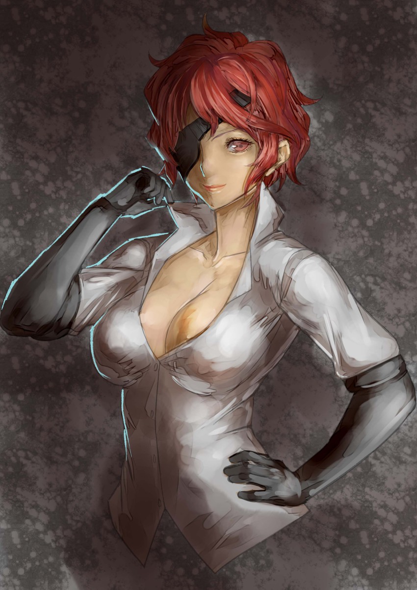 10s, 1girl, absurdres, breasts, cleavage, dungeon_ni_deai_wo_motomeru_no_wa_machigatteiru_darou_ka, elbow_gloves, female_focus, gloves, gradient_background, hephaistos_(danmachi), highres, large_breasts, one_eye_covered, red_eyes, red_hair, shimashima_(pixiv3696209), shimashima_(simasima_23), smile, solo