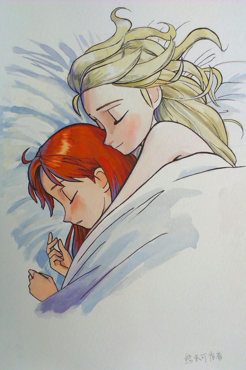 2girls, anna_(frozen), blonde_hair, couple, elsa_(frozen), closed_eyes, frozen_(disney), hair_down, highres, hug, hug_from_behind, incest, lying, multiple_girls, nude, on_side, os-da, red_hair, siblings, sisters, sleeping, traditional_media, under_covers, yuri
