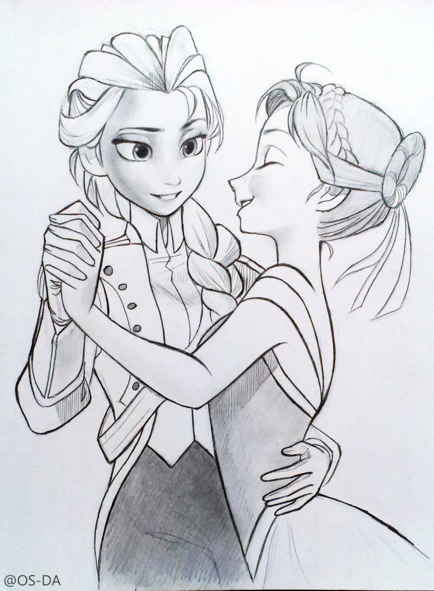 2girls, anna_(frozen), braid, couple, dancing, elsa_(frozen), closed_eyes, formal_clothes