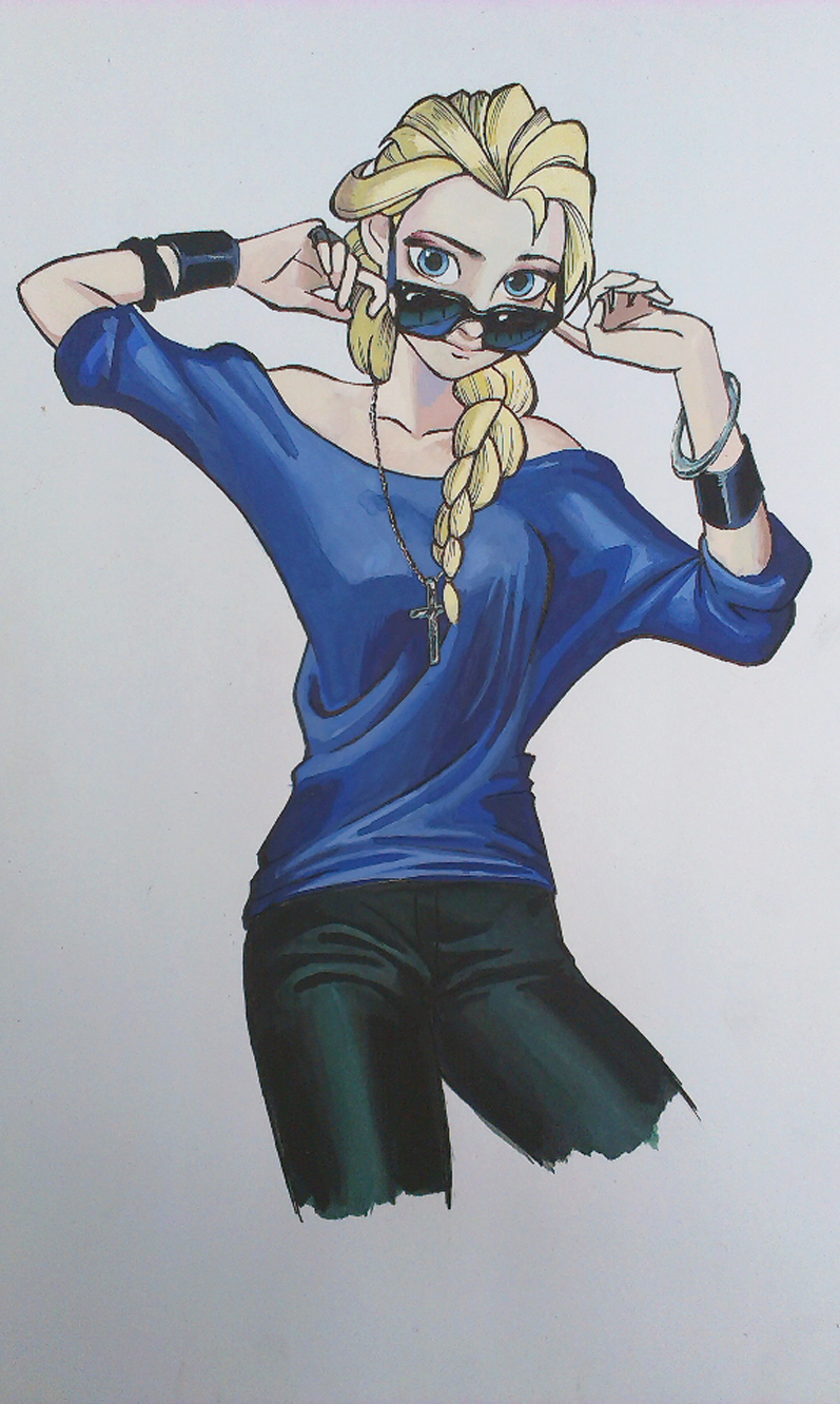 1girl, adjusting_eyewear, adjusting_glasses, bare_shoulders, blonde_hair, blue_eyes, bracelet, braid