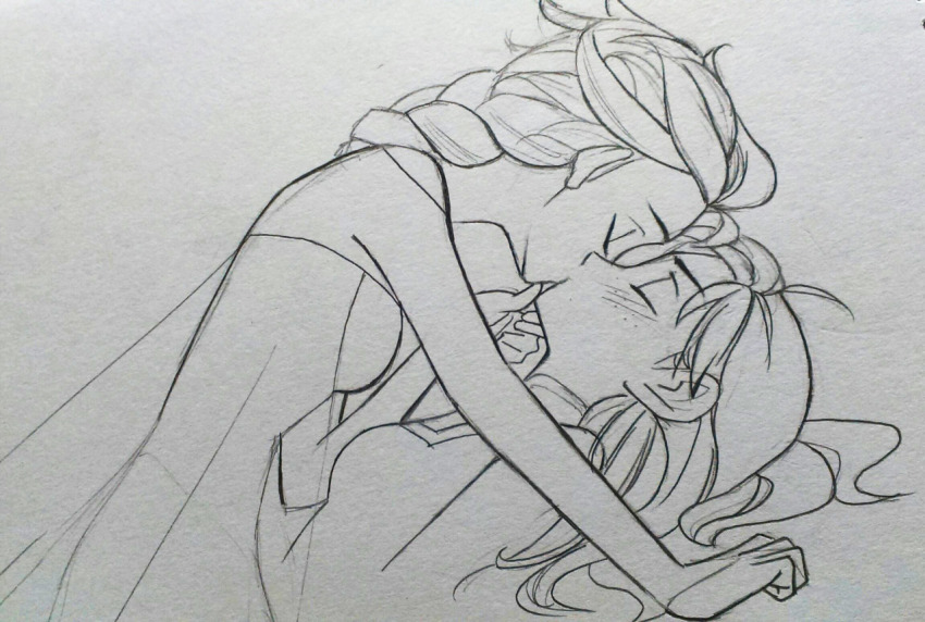 2girls, anna_(frozen), braid, couple, elsa_(frozen), closed_eyes, frozen_(disney), grabbing_another's_chin, hair_down, incest, kiss, monochrome, multiple_girls, os-da, siblings, sisters, traditional_media, yuri