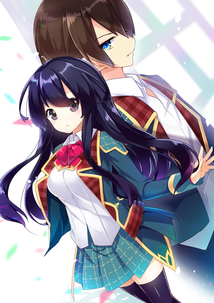 1boy, 1girl, bad_id, bad_pixiv_id, black_eyes, blue_eyes, blue_hair, brown_hair