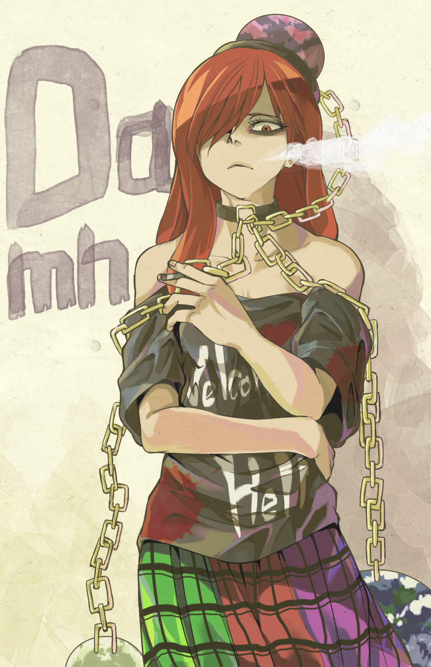 1girl, arm_across_waist, bags_under_eyes, bare_shoulders, breasts, chain, cigarette, clothes_writing