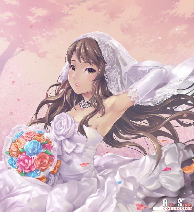 1girl, arm_behind_head, arm_up, armpits, bare_shoulders, bouquet, bridal_veil, brown_eyes, brown_hair, choker, dress, elbow_gloves, female_focus, flower, gloves, gradient_background, lips, original, red_soda, solo, veil, wedding_dress