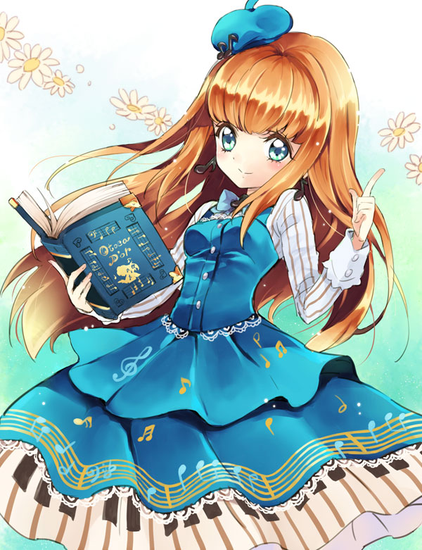 1girl, blue_dress, blue_eyes, blue_hat, book, brown_hair, dress, female_focus, gradient_background, hat, index_finger_raised, long_hair, otoca_d'or, seina_(otoca_d'or), seina_(otoca_doll), smile, solo, upper_body, yukiwo