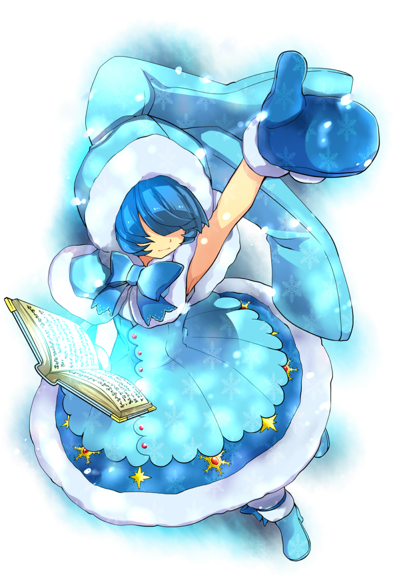 1girl, acedia_(otoca_d'or), acedia_(otoca_doll), animal_ears, animal_hood, arm_up, ashidia_(otoca_doll), blue_boots, blue_bow, blue_dress, blue_gloves, blue_hair, book, boots, bow, capelet, coat, dress, female_focus, full_body, gloves, gradient_background, hair_over_eyes, hood, mittens, oddnoise, otoca_d'or, print_coat, rabbit_ears, shoes, short_hair, snowflake_(symbol), snowflake_print, snowflakes, solo