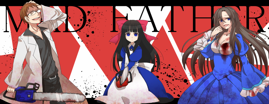1boy, 2girls, alfred_drevis, artist_name, aya_drevis, black_hair, blood, blood_on_clothes, bloody_weapon, blue_eyes, bow, breasts, brown_eyes, brown_hair, chainsaw, cleavage, collarbone, commentary_request, copyright_name, dress, empty_eyes, family, hair_bow, jewelry, lab_coat, large_bow, long_hair, mad_father, monika_drevis, multiple_girls, necklace, open_mouth, shadow, sidelocks, simple_background, smile, weapon