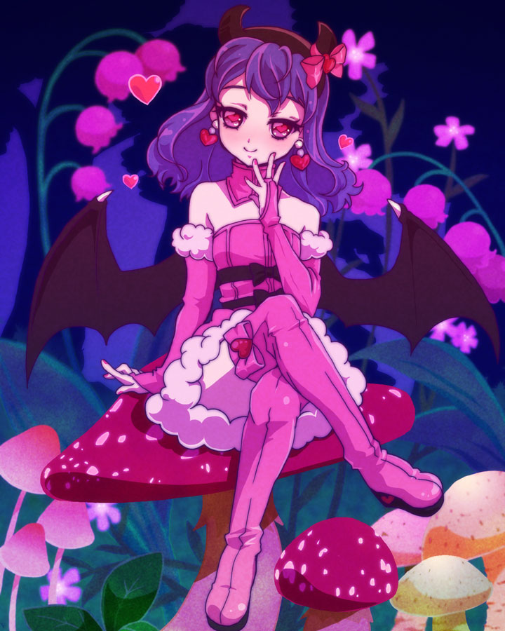 1girl, arm_warmers, avarita_(otoca_d'or), avarita_(otoca_doll), bare_shoulders, bat_wings, black_bow, blush, boots, bow, bridal_gauntlets, crossed_legs, detached_collar, dress, earrings, female_focus, flower, full_body, hairband, heart, heart-shaped_pupils, heart_earrings, honcha, horn_bow, horn_ornament, horns, jewelry, lily_of_the_valley, mushroom, otoca_d'or, pink_arm_warmers, pink_boots, pink_bow, pink_eyes, pink_skirt, purple_hair, red_bow, short_hair, sitting, skirt, smile, solo, strapless, strapless_dress, symbol-shaped_pupils, thigh_boots, thighhighs, waist_bow, wings