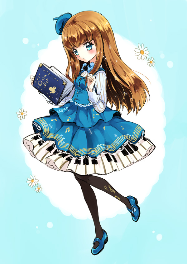 1girl, black_pantyhose, blue_bow, blue_dress, blue_eyes, blue_hat, blue_shoes, book, bow, brown_hair, copyright_name, dress, female_focus, flower, full_body, hat, long_hair, musical_note, musical_staff, otoca_d'or, pantyhose, quaver, seina_(otoca_d'or), seina_(otoca_doll), shoes, simple_background, solo, treble_clef, yukiwo