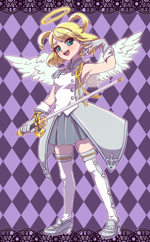 1girl, :d, aiguillette, argyle_background, argyle_clothes, armpits, blonde_hair, cross, cross_earrings, earrings, female_focus, full_body, gloves, green_eyes, grey_gloves, grey_shoes, grey_skirt, halo, honcha, jewelry, open_mouth, otoca_d'or, prid_(otoca_d'or), prid_(otoca_doll), purple_background, rapier, shoes, short_hair, short_twintails, skirt, smile, solo, sword, thighhighs, twintails, two_side_up, weapon, white_wings, wings
