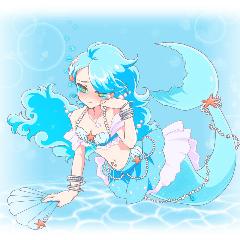 1girl, bikini, bikini_top_only, blue_bikini, blue_hair, blue_nails, blue_theme, bracelet, earrings, female_focus, folding_fan, full_body, gradient_background, hair_ornament, hand_fan, honcha, jewelry, long_hair, mermaid, monster_girl, nail_polish, necklace, otoca_d'or, solo, star_(symbol), star_hair_ornament, swimsuit, tear_(otoca_d'or), tear_(otoca_doll), tears, underwater, white_background, yellow_eyes