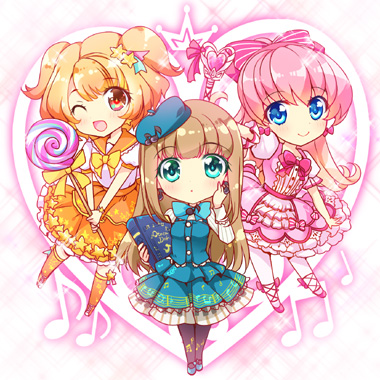 3girls, ;d, ai_(otoca_d'or), ai_(otoca_doll), beamed_quavers, black_legwear, blonde_hair, blue_eyes, blue_footwear, blue_hat, blue_skirt, bow, brown_hair, candy, chibi, earrings, food, frilled_skirt, frills, full_body, gradient_background, hair_bow, hair_ornament, hairpin, hat, heart, heart_background, hinata_momo, jewelry, lollipop, long_hair, lowres, multiple_girls, musical_note, one_eye_closed, open_mouth, orange_eyes, orange_legwear, orange_skirt, otoca_d'or, pantyhose, pink_bow, pink_hair, pink_shoes, pink_skirt, quaver, seina_(otoca_d'or), seina_(otoca_doll), shoes, short_hair, short_twintails, skirt, smile, standing, star_(symbol), star_hair_ornament, sunny_(otoca_d'or), sunny_(otoca_doll), swirl_lollipop, thighhighs, twintails, white_legwear, yellow_bow
