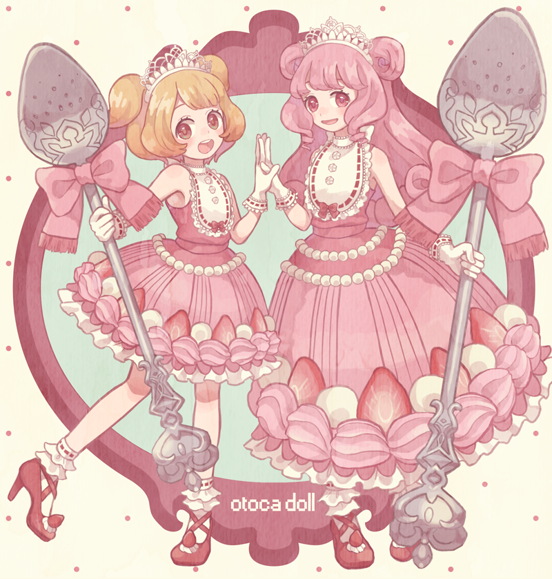 2girls, bobby_socks, bow, brown_eyes, brown_hair, copyright_name, cosplay, double_bun, dress, food, food-themed_clothes, food-themed_ornament, frills, fruit, full_body, gloves, gulico_(otoca_d'or), gulico_(otoca_d'or)_(cosplay), gulico_(otoca_doll), gulico_(otoca_doll)_(cosplay), high_heels, holding_hands, long_hair, mikuni_(open-ranka), multiple_girls, otoca_d'or, oversized_object, pink_bow, pink_dress, pink_eyes, pink_hair, pink_skirt, polka_dot, polka_dot_background, red_footwear, shoes, short_hair, short_twintails, simple_background, skirt, smile, socks, spoon, strawberry, sunny_(otoca_d'or), sunny_(otoca_doll), tiara, twintails, white_gloves