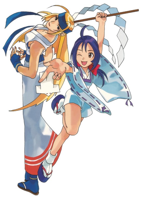 2girls, ahoge, bakumatsu_rouman, blonde_hair, gohei, headband, ichijou_akari, japanese_clothes