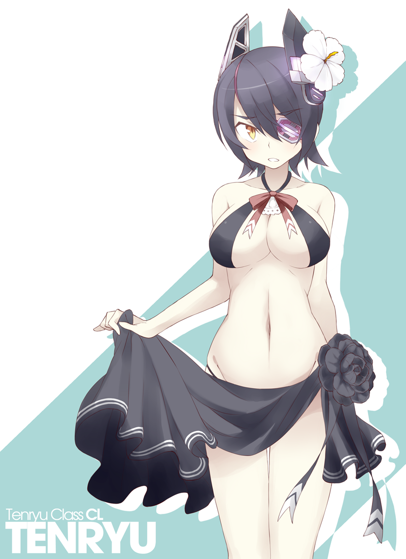 1girl, bad_id, bad_pixiv_id, bare_shoulders, bikini, blush, breasts, character_name, collarbone, cosplay, eyepatch, female_focus, flower, groin, hair_flower, hair_ornament, halterneck, headgear, hibiscus, kantai_collection, large_breasts, md5_mismatch, navel, parted_lips, purple_hair, shigino_sohuzi, silhouette, simple_background, solo, swimsuit, tatsuta_(kancolle), tatsuta_(kancolle)_(cosplay), tatsuta_(swimsuit)_(kancolle), tenryuu_(kancolle), thigh_gap, yellow_eyes