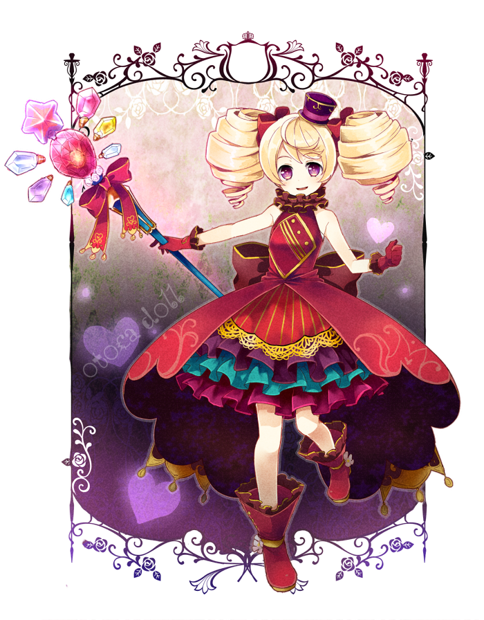 1girl, blonde_hair, border, bow, copyright_name, dress, drill_hair, female_focus, frilled_dress, frills, full_body, gem, gloves, gradient_background, hair_bow, hat, heart, layered_skirt, luciko_(otoca_d'or), luciko_(otoca_doll), otoca_d'or, purple_eyes, purple_hat, red_bow, red_dress, red_gloves, red_shoes, ruff, shoes, short_hair, skirt, smile, solo, staff, standing, star_(symbol), striped_clothes, striped_skirt, top_hat, toro_(shiro), twin_drills, vertical-striped_clothes, vertical-striped_skirt