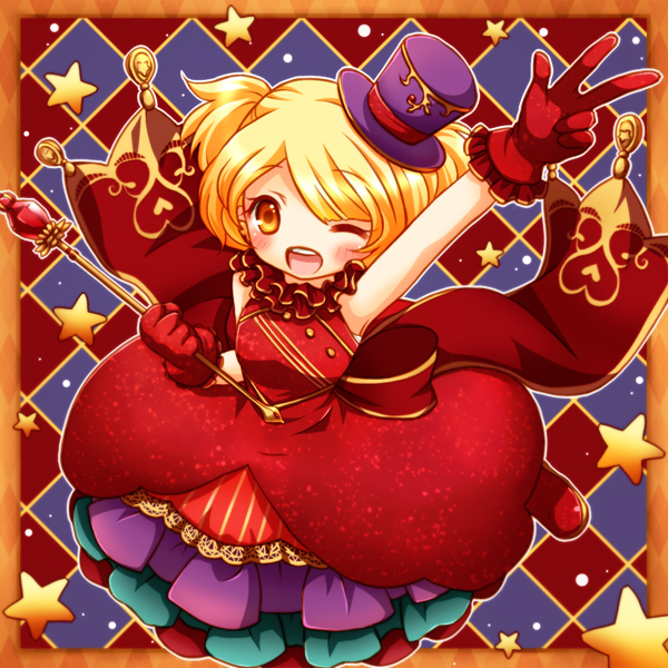 1girl, ;d, argyle_background, argyle_clothes, arm_up, blonde_hair, blush, cosplay