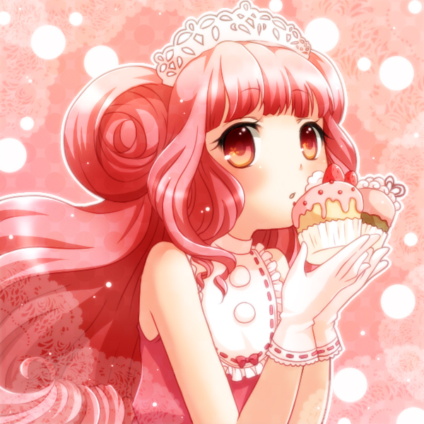 1girl, cupcake, female_focus, food, frills, gloves, gradient_background, gulico_(otoca_d'or)