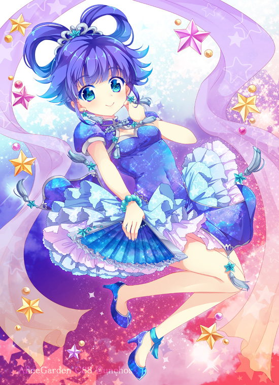 1girl, anklet, blue_eyes, blue_hair, blue_shoes, blue_skirt, bracelet, chi_(otoca_d'or)