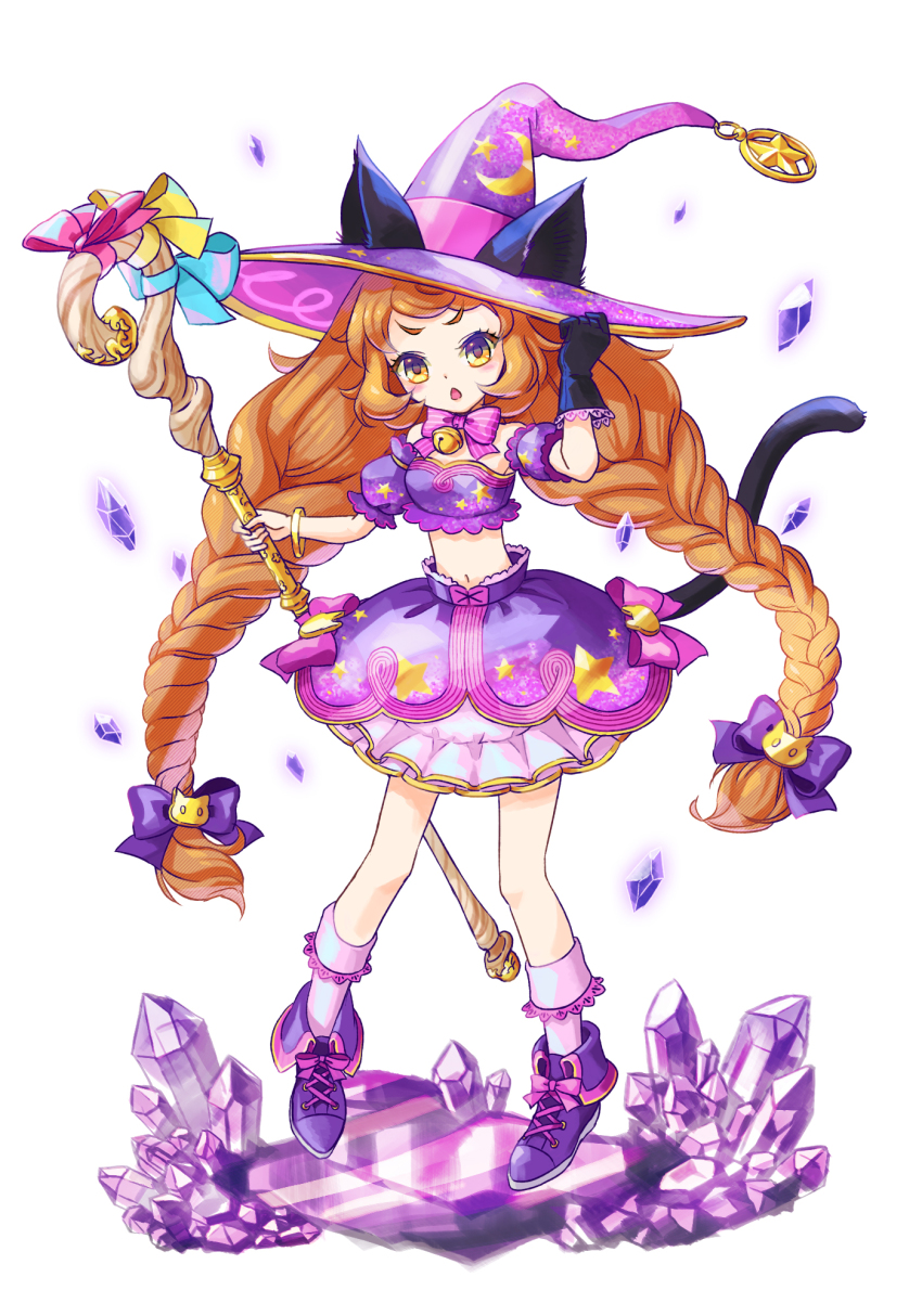 1girl, animal_ears, bell, black_gloves, bow, bracelet, braid, brown_hair, cat_ears, cat_tail, crop_top, crystal, dress_bow, ears_through_headwear, envy_(otoca_d'or), envy_(otoca_doll), female_focus, full_body, gloves, hair_bow, hat, highres, jewelry, jingle_bell, long_hair, midriff, multicolored_hat, multicolored_skirt, navel, nekomissile, otoca_d'or, pink_bow, print_headwear, print_skirt, purple_bow, purple_shoes, purple_skirt, shoes, simple_background, single_glove, skirt, socks, solo, staff, standing, star_(symbol), tail, twin_braids, very_long_hair, white_background, witch_hat, yellow_eyes