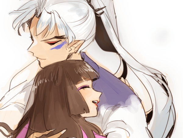 1boy, 1girl, brown_hair, couple, eyeshadow, happy, hetero, high_ponytail