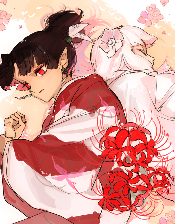 2girls, black_hair, blank_eyes, flower, hair_flower, hair_ornament, high_ponytail, inuyasha