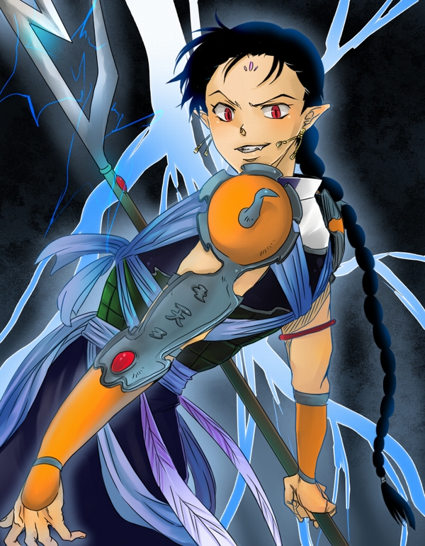 1boy, armor, black_hair, blue_ribbon, braid, clenched_teeth, earrings, electricity