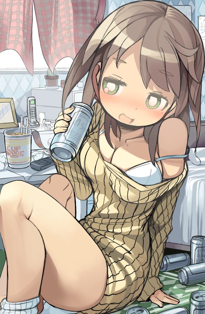 1girl, arm_support, bed, beer_can, blush, bra, breasts, brown_hair