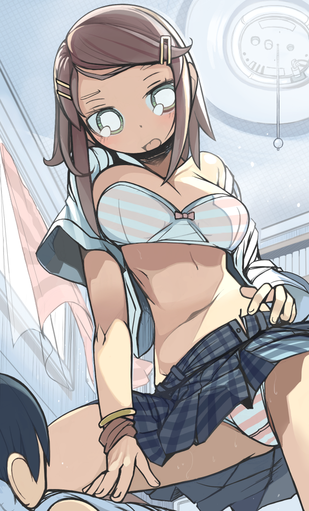 1boy, 1girl, black_hair, blush, bow, bow_bra, bra, bracelet, brown_hair, checkered_clothes, checkered_skirt, curtains, empty_eyes, from_below, girl_on_top, hair_ornament, hairclip, i_(deichi), jewelry, lamp, looking_down, navel, off-shoulder_shirt, off_shoulder, open_clothes, open_mouth, open_shirt, original, panties, shirt, short_sleeves, sidelocks, skirt, smile, solo_focus, striped_bra, striped_clothes, striped_panties, sweat, underwear, undressing, wind, wrist_cuffs