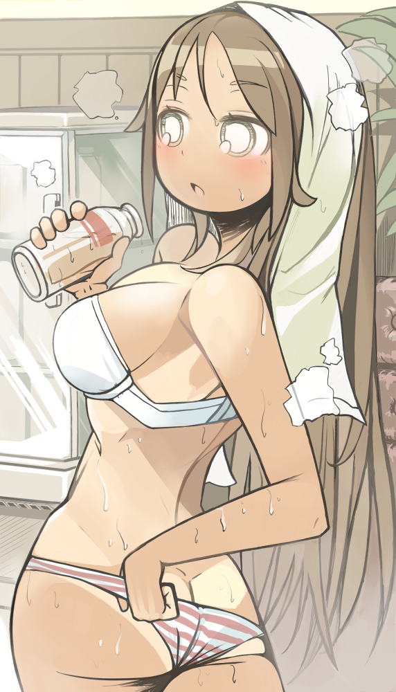 1girl, adjusting_clothes, adjusting_panties, ass, blush, breasts, bright_pupils, brown_hair