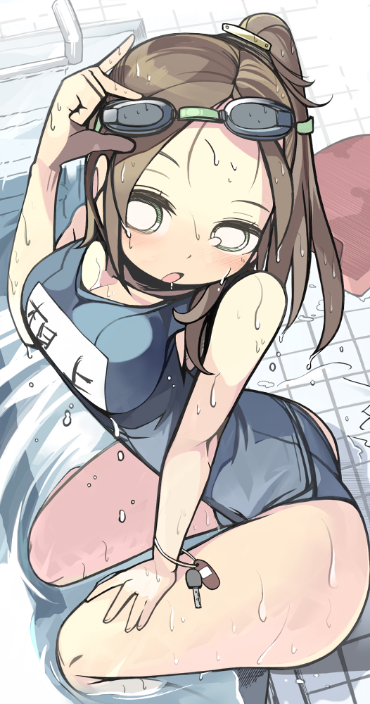 1girl, blush, brown_hair, empty_eyes, female_focus, from_above, goggles, goggles_on_head