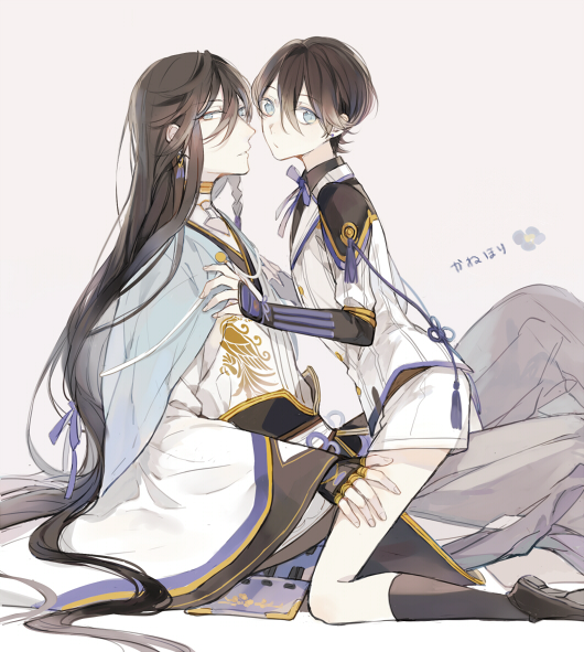 10s, 2boys, alternate_costume, black_hair, blue_eyes, braid, earrings, hand_on_another's_leg