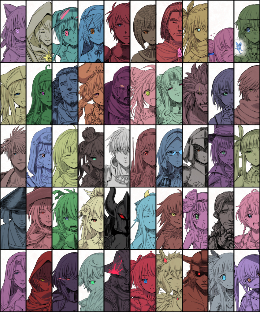 6+boys, 6+girls, :q, absurdres, ahoge, aisha_(sennen_sensou_aigis), alisa_(sennen_sensou_aigis), animal_ears, anna_(sennen_sensou_aigis), anya_(sennen_sensou_aigis), armor, ars_(sennen_sensou_aigis), assal_(sennen_sensou_aigis), bashira_(sennen_sensou_aigis), bella_(sennen_sensou_aigis), border, carrie_(sennen_sensou_aigis), cat_ears, cecily_(sennen_sensou_aigis), celia_(sennen_sensou_aigis), claire_(sennen_sensou_aigis), cloris_(sennen_sensou_aigis), closed_eyes, collage, crave_(sennen_sensou_aigis), crown, daniella_(sennen_sensou_aigis), dark_knight_(sennen_sensou_aigis), dolca_(sennen_sensou_aigis), dorothy_(sennen_sensou_aigis), erett_(sennen_sensou_aigis), everyone, fairy, flower, full_armor, funes_(sennen_sensou_aigis), glasses, glowing, hair_bun, hair_flower, hair_ornament, hair_over_eyes, hair_ribbon, hairclip, happy, hat, hien_(sennen_sensou_aigis), highres, hina_(sennen_sensou_aigis), iiris_(sennen_sensou_aigis), jerome_(sennen_sensou_aigis), kaguya_(sennen_sensou_aigis), katie_(sennen_sensou_aigis), kyuteri_(sennen_sensou_aigis), long_hair, looking_at_viewer, mask, mask_on_head, matanonki, maurette_(sennen_sensou_aigis), memento_(sennen_sensou_aigis), mikoto_(sennen_sensou_aigis), mini_crown, momo_(sennen_sensou_aigis), monocle, multiple_boys, multiple_girls, nanaly_(sennen_sensou_aigis), phyllis_(sennen_sensou_aigis), pointer, pointy_ears, prince_(sennen_sensou_aigis), ribbon, rice_hat, rita_(sennen_sensou_aigis), roberto_(sennen_sensou_aigis), roy_(sennen_sensou_aigis), sanosuke_(sennen_sensou_aigis), sennen_sensou_aigis, shaded_face, sherry_(sennen_sensou_aigis), short_hair, simple_background, single_hair_bun, smile, soma_(sennen_sensou_aigis), spica_(sennen_sensou_aigis), spot_color, stella_(sennen_sensou_aigis), sybilla, themis_(sennen_sensou_aigis), tongue, tongue_out, top_hat, valerie_(sennen_sensou_aigis), vincent_(sennen_sensou_aigis), white_background, wilfred_(sennen_sensou_aigis), yojirou_(sennen_sensou_aigis), zola_(sennen_sensou_aigis)