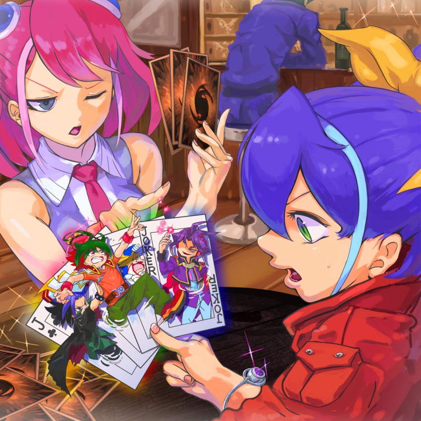 2boys, 2girls, ahoge, black_hair, blonde_hair, blue_eyes, blue_hair, bow