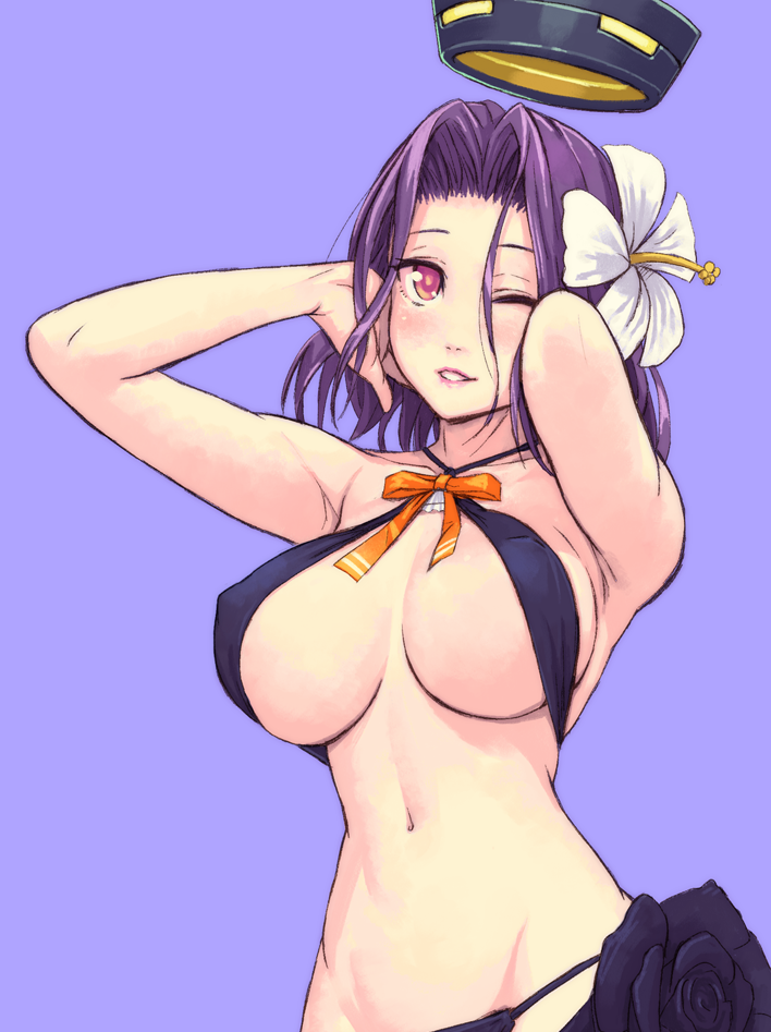 10s, 1girl, arms_up, bikini, black_bikini, blue_background, blush, breasts