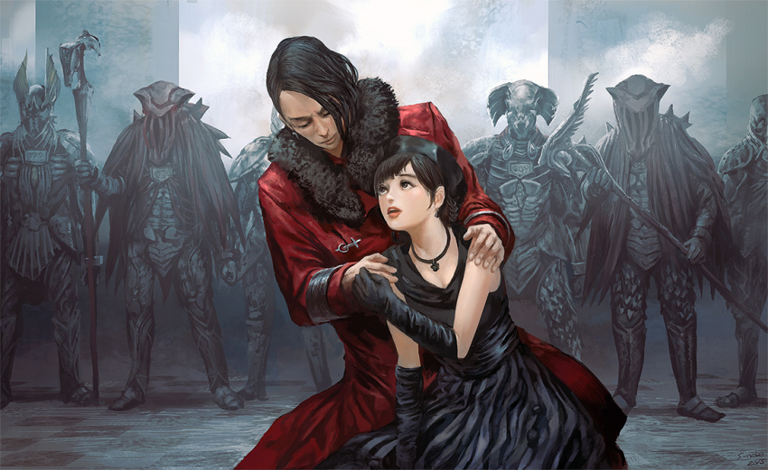 1boy, 1girl, beret, black_hair, elbow_gloves, gloves, hat, heart_(kamen_rider_drive), kamen_rider, kamen_rider_drive_(series), medic_(kamen_rider_drive), noba, roidmude, short_hair