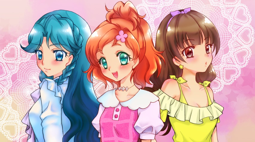 3girls, amanogawa_kirara, bad_id, bad_pixiv_id, blue_eyes, blue_hair, blush, braid, brown_eyes, brown_hair, crown_braid, go!_princess_precure, gradient_background, green_eyes, haruno_haruka, highres, kaidou_minami, long_hair, maruru_(marurudog), multiple_girls, off-shoulder_shirt, off_shoulder, orange_hair, pink_background, precure, shirt, short_hair, smile, upper_body, white_shirt, yellow_shirt