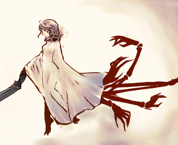 1girl, ahoge, claws, cruithne, extra_arms, female_focus, from_side, gloves