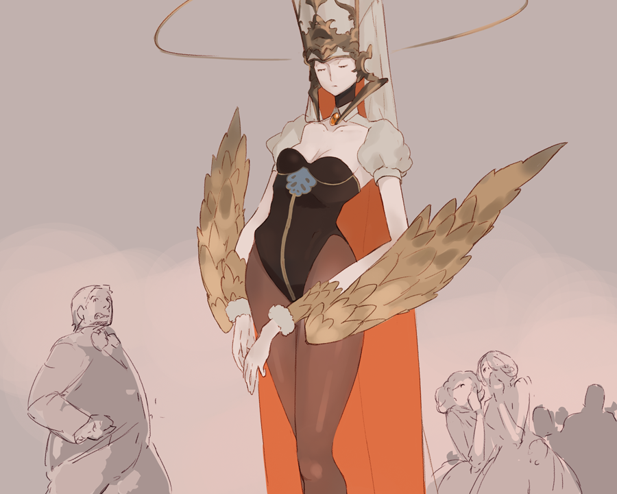 10s, 1boy, 3girls, black_legwear, breasts, bridal_veil, cleavage, closed_eyes, collarbone, crowd, detached_collar, detached_sleeves, feathered_wings, fur_trim, gradient_background, granblue_fantasy, halo, hand_to_own_mouth, hat, height_difference, masato_(mirai_koubou), multiple_girls, pantyhose, playboy_bunny, puffy_short_sleeves, puffy_sleeves, purple_background, short_sleeves, small_breasts, solo_focus, surprised, veil, vohu_manah, winged_arms, wings