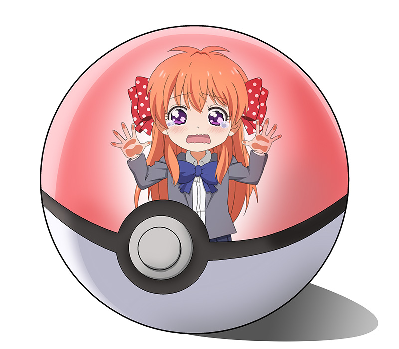 10s, 1girl, against_glass, blush, bow, captured, color_connection, crying, female_focus, gekkan_shoujo_nozaki-kun, gradient_background, hiro_23_kura, lavoy_(kurakuro), long_hair, nintendo, open_mouth, orange_hair, poke_ball, pokemon, polka_dot, polka_dot_bow, purple_eyes, sakura_chiyo, simple_background, solo, trapped, wavy_eyes, wavy_mouth