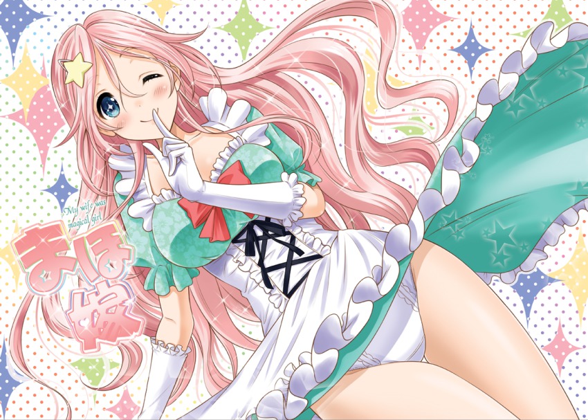 +_-, 1girl, ;), blue_eyes, blush, breasts, corset, elbow_gloves