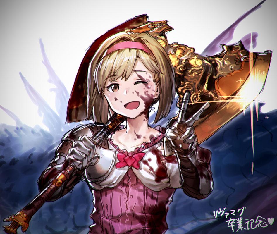 10s, 1girl, ;d, axe, battle_axe, benitama, blonde_hair, blood, blood_on_face, blush, bow, brown_eyes, collarbone, djeeta_(granblue_fantasy), dress, female_focus, fighter_(granblue_fantasy), gauntlets, gradient_background, granblue_fantasy, hairband, hammer, heart, leviathan_(granblue_fantasy), looking_at_viewer, one_eye_closed, open_mouth, over_shoulder, pink_bow, pink_dress, short_hair, shoulder_pads, smile, solo, sparkle, upper_body, v, warhammer, weapon, weapon_over_shoulder