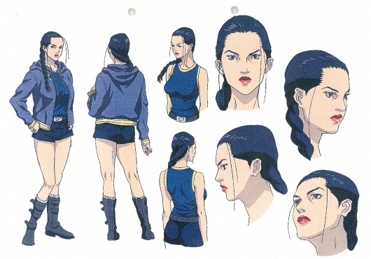 00s, 1girl, braid, breasts, reference_sheet, female_focus, gantz, large_breasts, legs, official_art, sakuraoka_sei, short_shorts, shorts, simple_background, solo, standing, thick_thighs, thighs