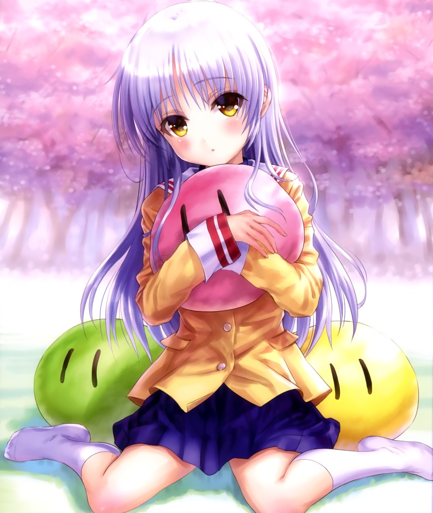 1girl, absurdres, angel_beats!, blush, cherry_blossoms, clannad, company_connection, cosplay
