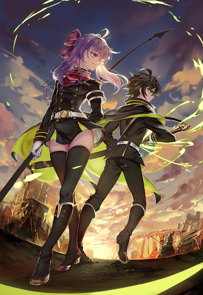 10s, 1boy, 1girl, ahoge, armband, back-to-back, bamboocm, belt, black_dress, black_footwear, black_hair, black_thighhighs, boots, bow, bowtie, cape, cloud, cloudy_sky, crossed_legs, dress, fighting_stance, gloves, hair_bow, hiiragi_shinoa, holding, holding_weapon, hyakuya_yuuichirou, knee_boots, long_hair, long_legs, outdoors, owari_no_seraph, pants, purple_hair, ready_to_draw, red_eyes, short_hair, sky, smile, standing, sword, thighhighs, watson_cross, weapon, white_gloves, zettai_ryouiki