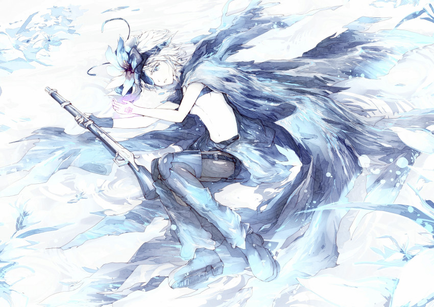 10s, 1girl, abcd1234ken, absurdres, blue_eyes, breasts, cape, eyepatch, female_focus, flamie_speeddraw, flower, gloves, gun, hair_flower, hair_ornament, hairband, highres, looking_at_hand, lying, midriff, monochrome, navel, on_side, pantyhose, rokka_no_yuusha, short_hair, small_breasts, solo, thighhighs, weapon, white_background, white_hair