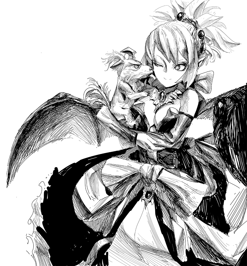 1girl, disgaea, dog, doodlezbd, dress, greyscale, makai_senki_disgaea_2, monochrome, pointy_ears, rozalin, wings